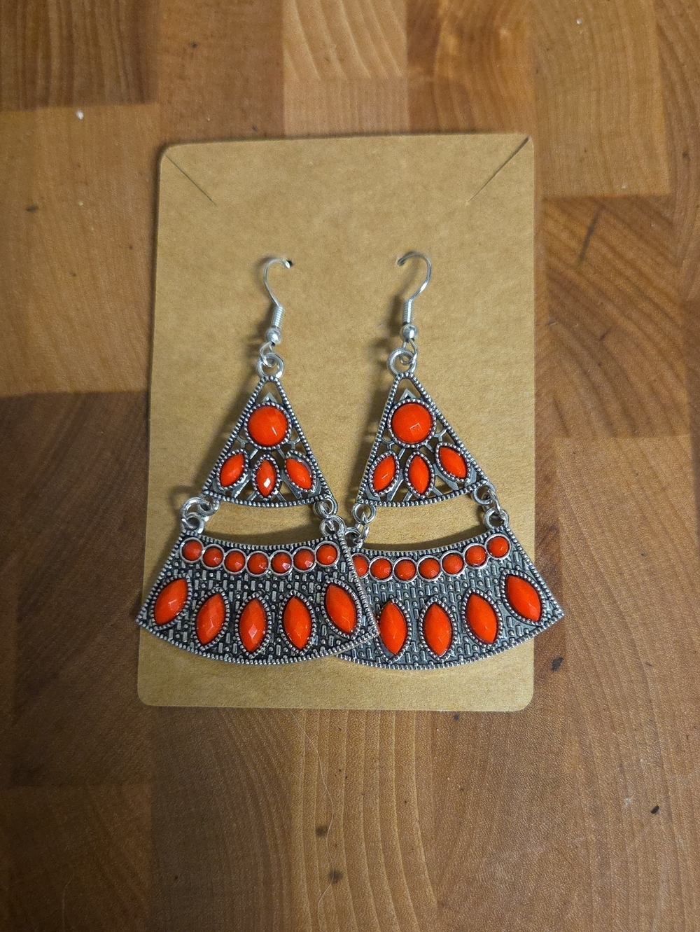 Silver-Tone Boho Triangle Drop Earrings with Orange Stones